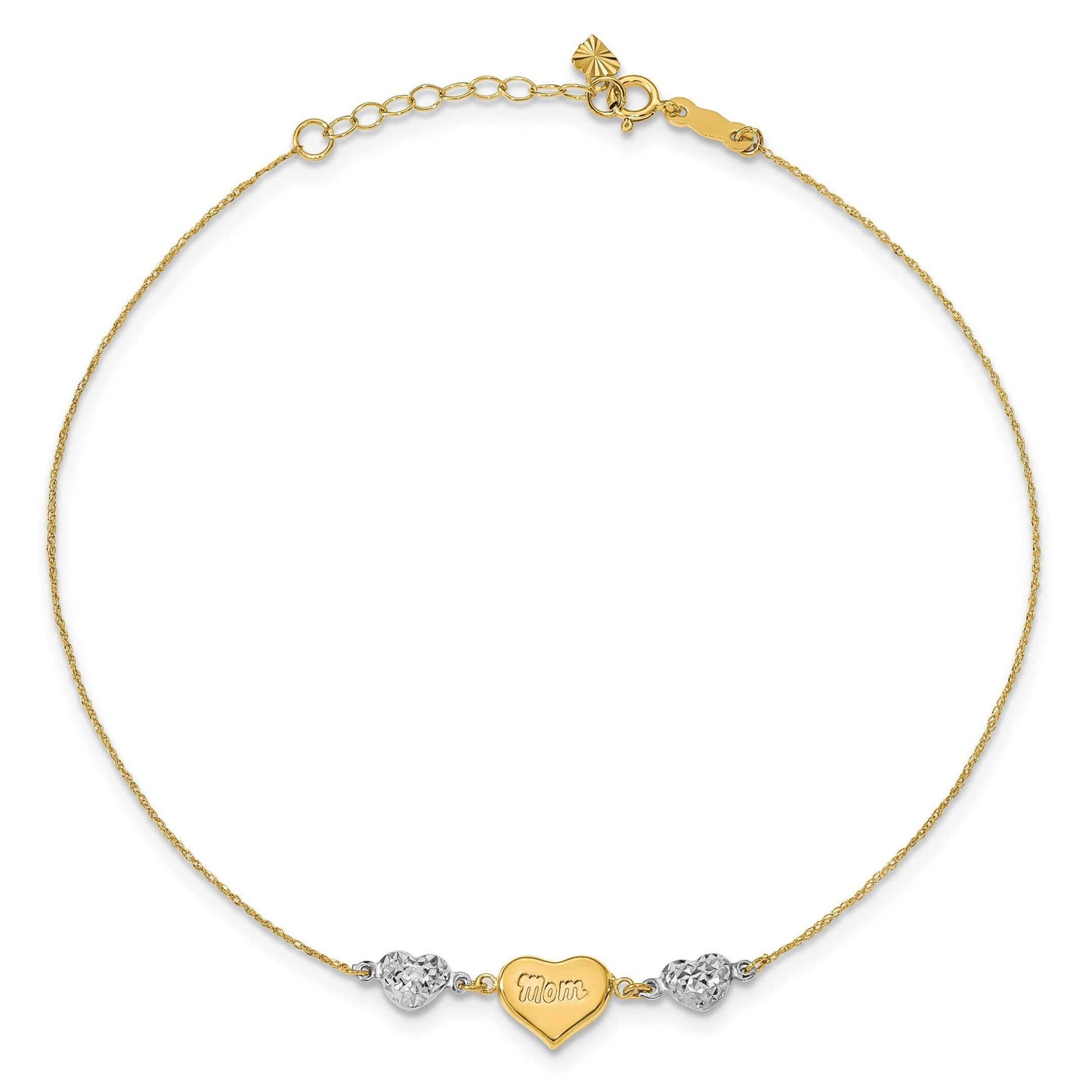 14K Yellow and White Gold Mom and Diamond-Cut Hearts Adjustable Anklet / Bracelet