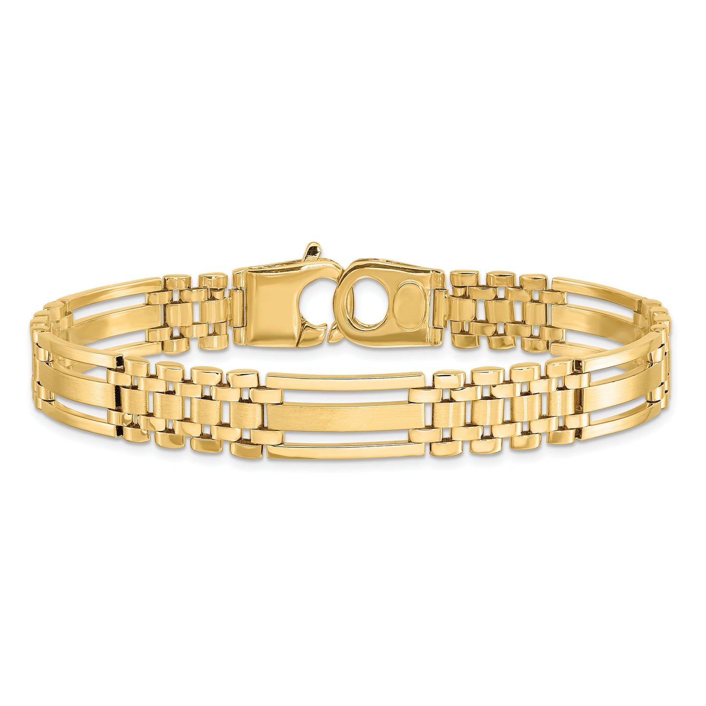 Semi-Solid 14K Yellow Gold Satin and Polished Link Bracelet, 8.75", 10.1mm Thick