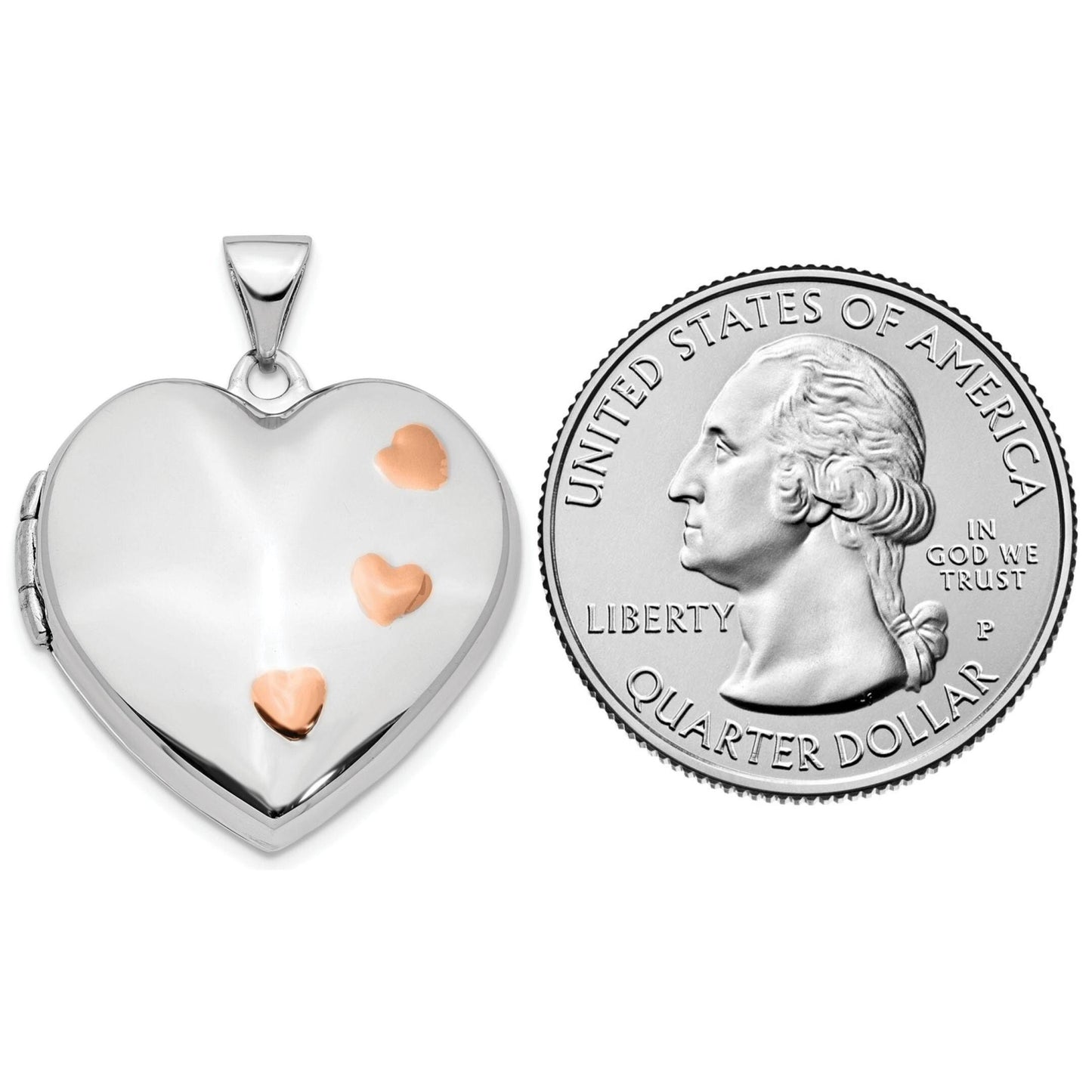 14K White and Rose Gold Engravable Heart Shape Locket with Cute Pink Hearts Design