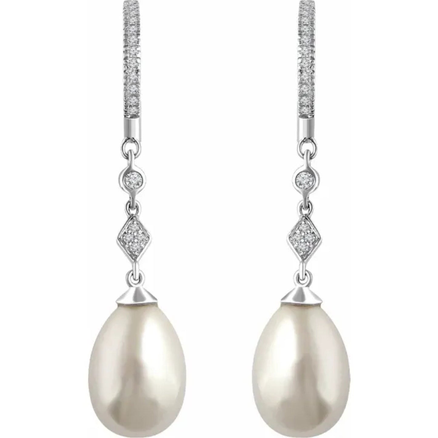 Solid 14K White Gold Freshwater Pearl Diamond Earrings