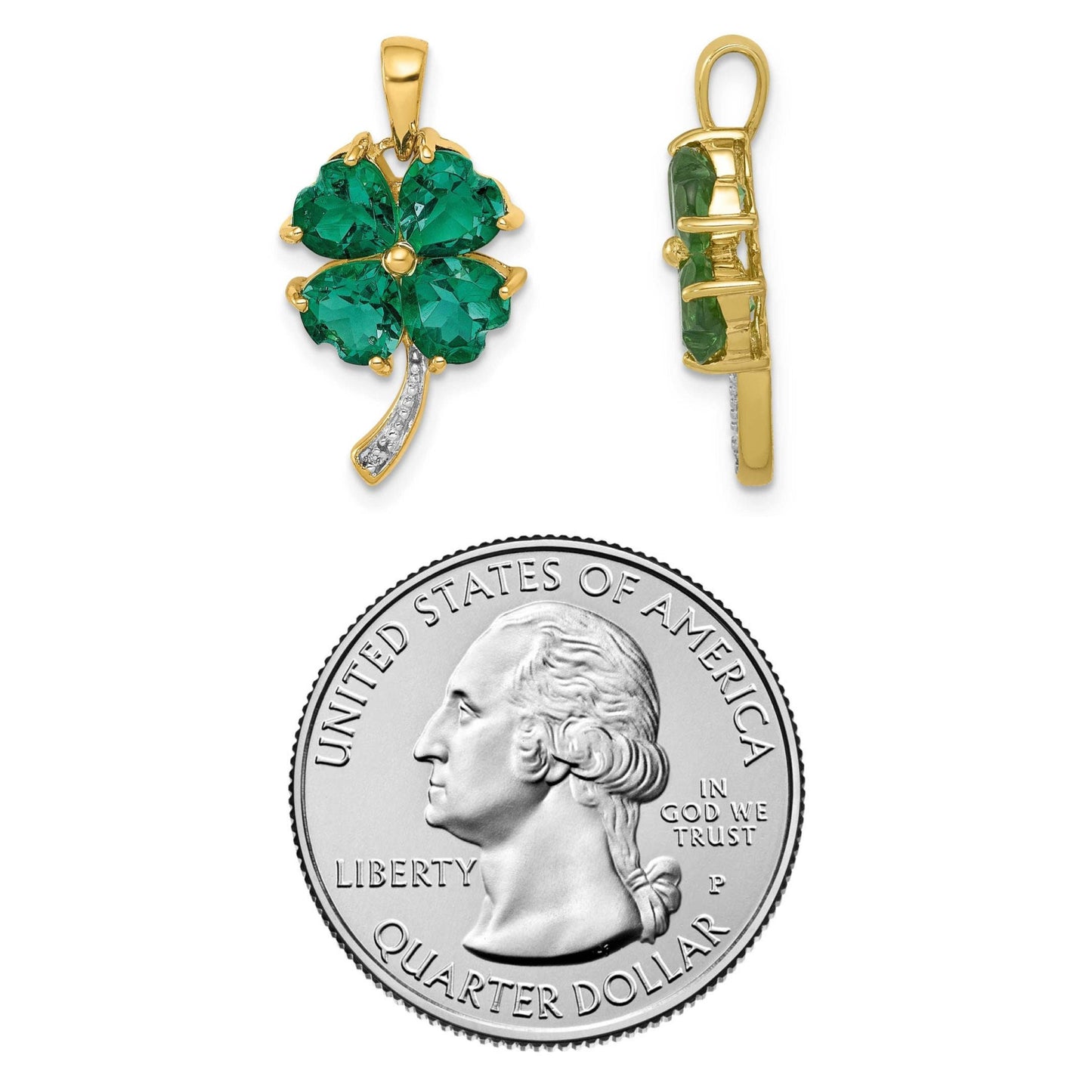14K Yellow Gold Created Emerald and Diamond Four Leaf Clover Charm