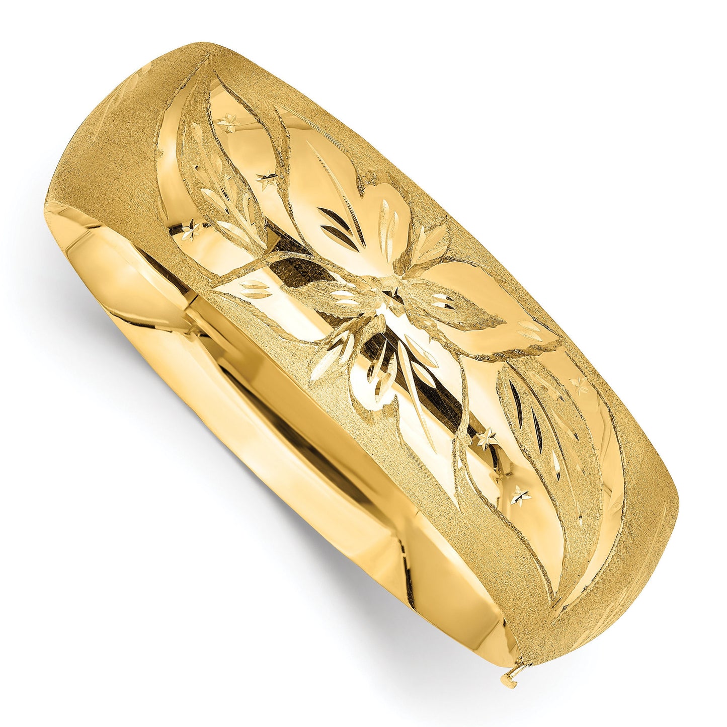 14K Yellow Gold Floral Textured Hinged Bangle Bracelets
