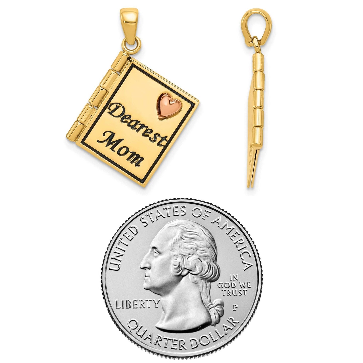 14K Yellow and Rose Gold Moveable 3D Dearest Mom Book Pendant