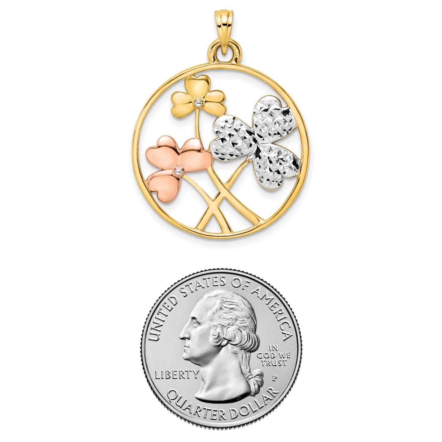 14K Yellow, White, and Rose Gold Diamond Cut Clovers Circle Charm