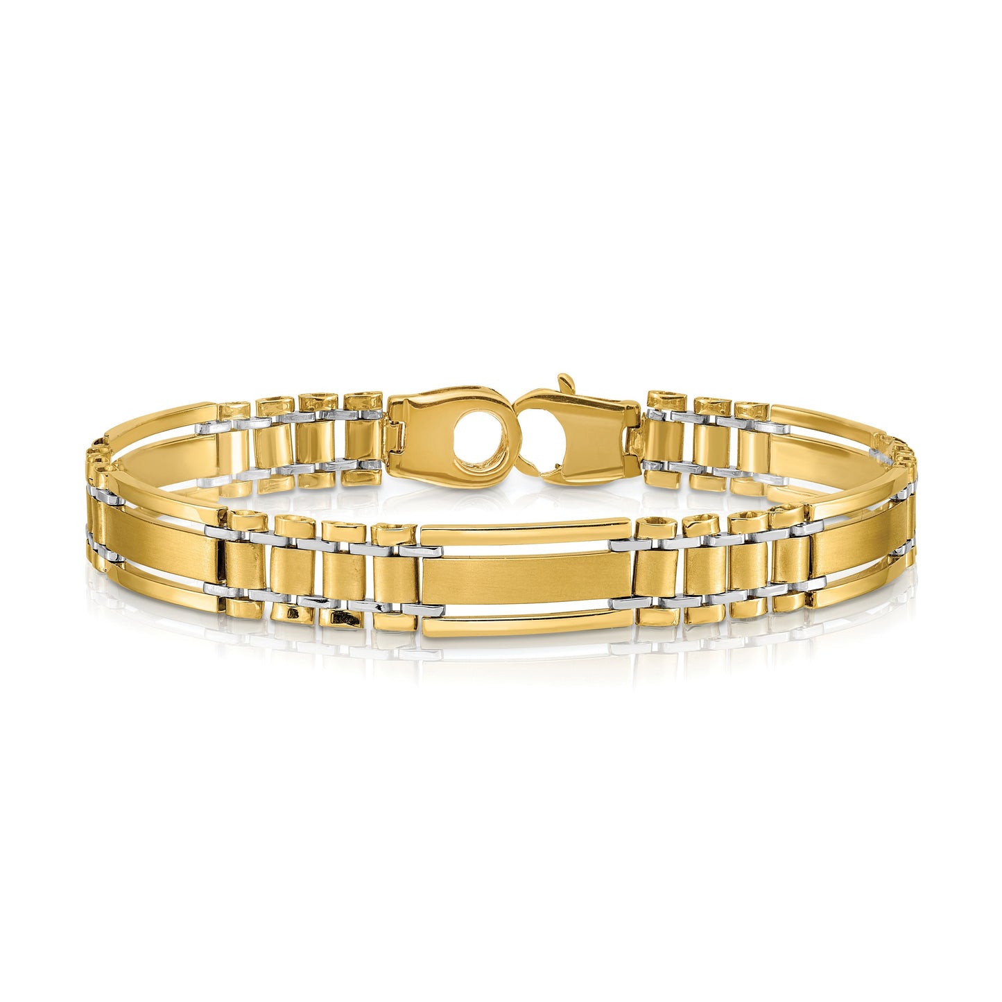 Semi-Solid 14K Yellow Gold Satin and Polished Link Bracelet, 8.5", 8.8mm Thick
