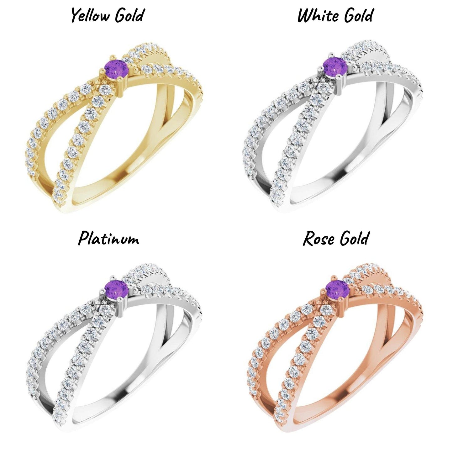 14K Yellow / White / Rose Gold or Platinum 1-5-Stone and Diamond Family Criss-Cross Ring