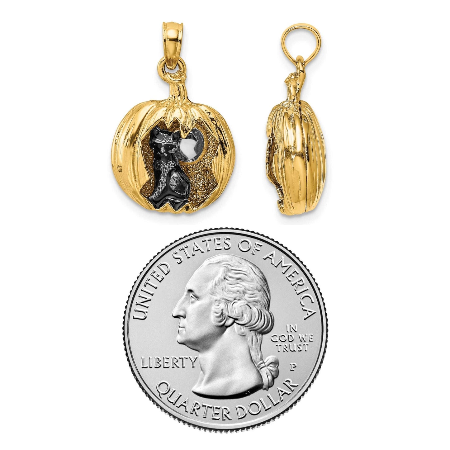 14K Yellow Gold 3D Jack-o-Lantern and Enamaled Cat & Moon Pendant