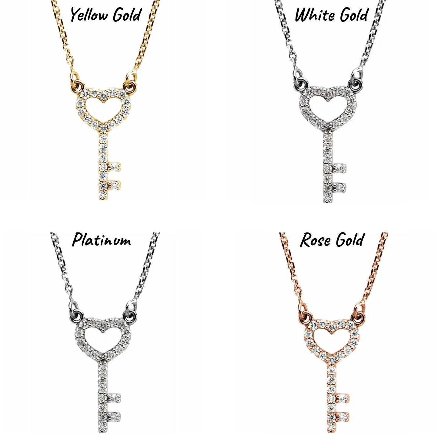 14K Yellow / White / Rose Gold or Platinum Diamond Petite Heart Key Necklace