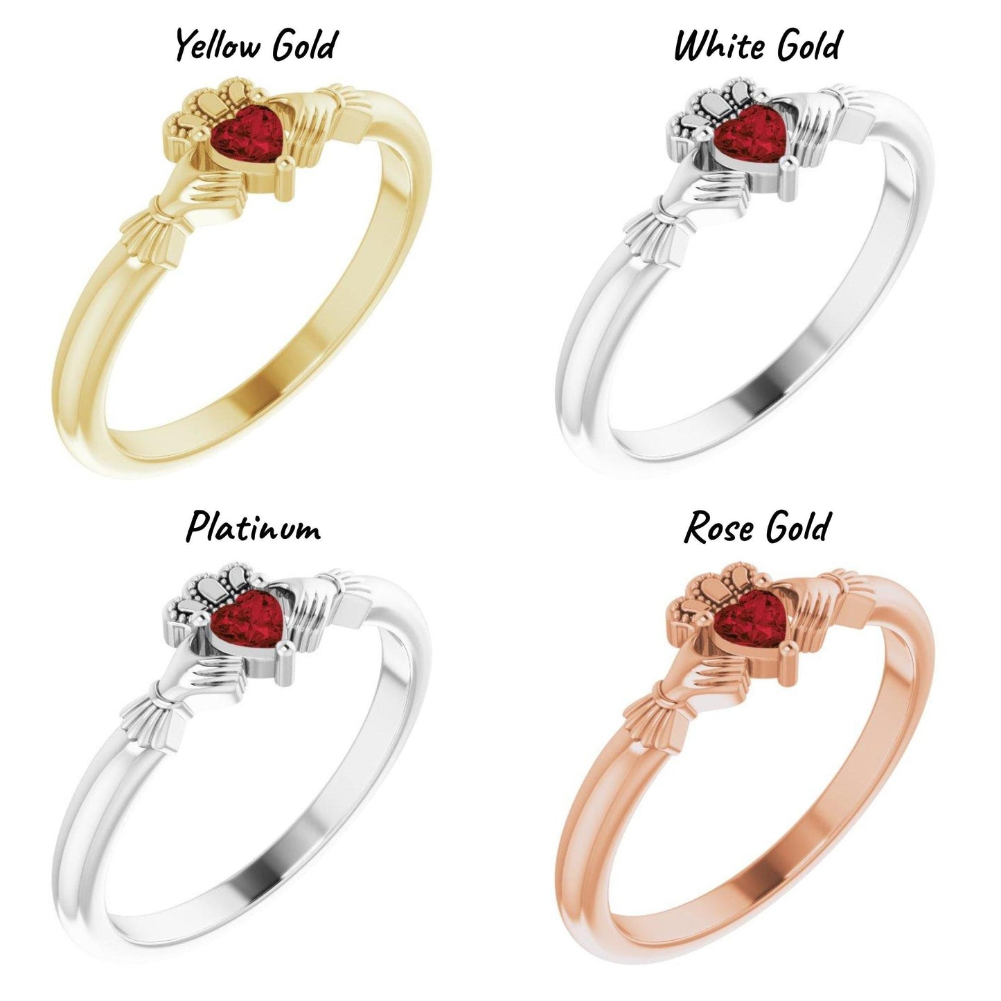 14K Yellow / White / Rose Gold or Platinum Claddagh Ring with Heart Shaped Mozambique Garnet, Onyx, or Created Moissanite Gemstone