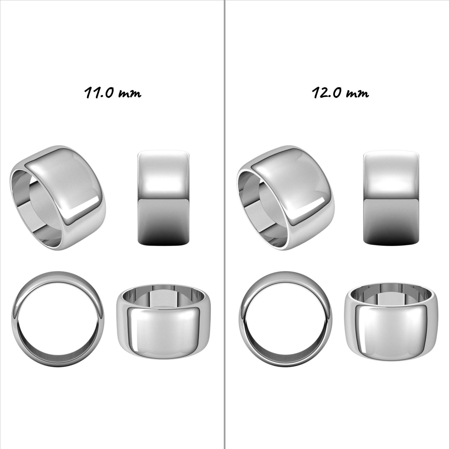 Solid Platinum Standard Weight & Standard Fit Half-Round Wedding Band, 1.0mm-12.0mm Widths