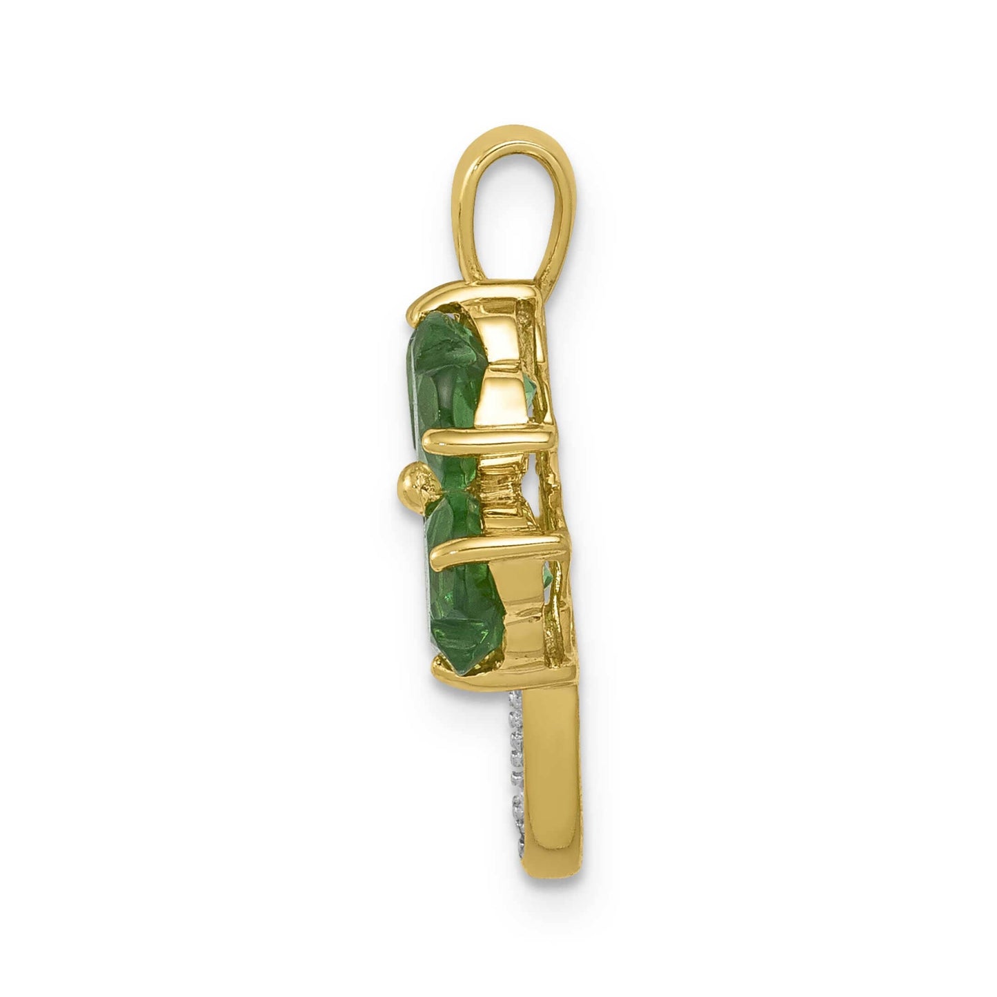 14K Yellow Gold Created Emerald and Diamond Four Leaf Clover Charm