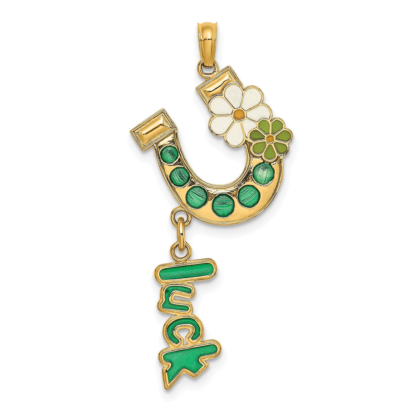 14K Yellow Gold Horseshoe with LUCK and Flowers Charm