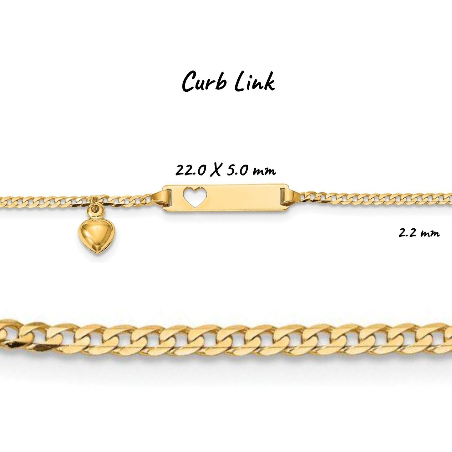 Children's Engravable 14K Yellow Gold Cut-out Heart with Dangling Heart Charm ID Bracelet (Figaro, Curb, and Anchor Link Chains)