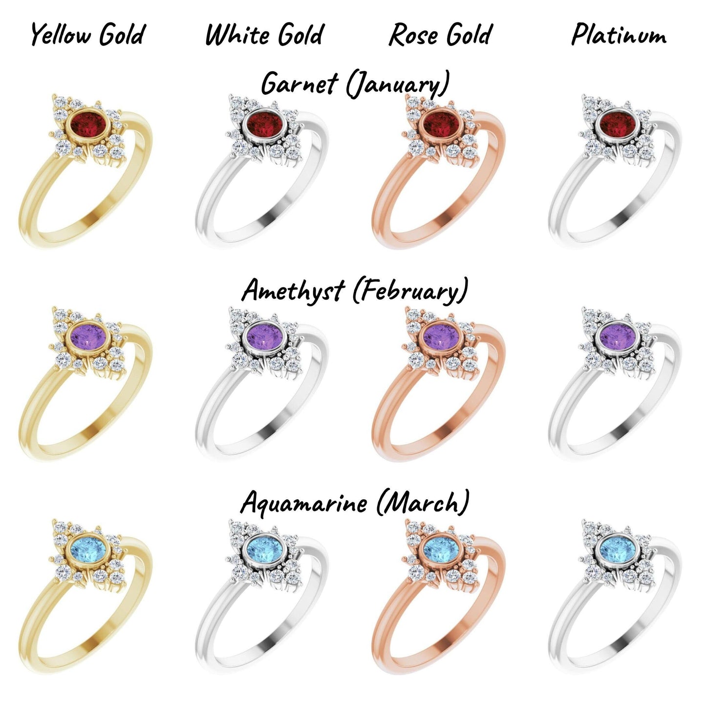 14K Yellow / White / Rose Gold or Platinum Birthstone and Diamond Ring