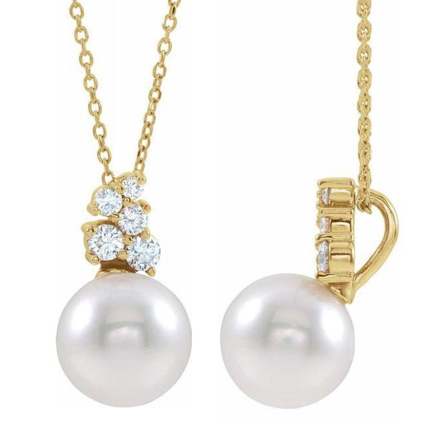 14K Yellow / White / Rose Gold or Platinum Freshwater Cultured Pearl and Diamond Cluster Necklace