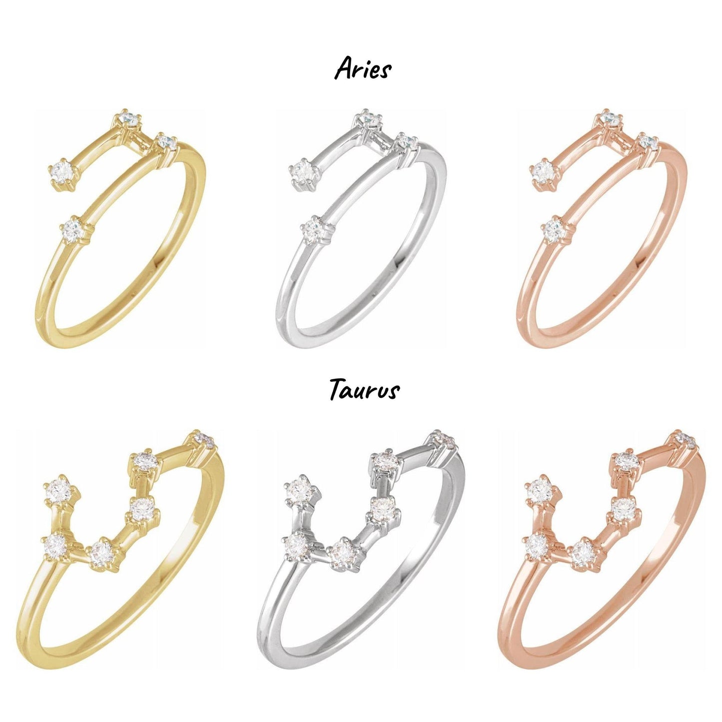 14K Yellow, White, or Rose Gold and Diamond Zodiac Constellation Ring