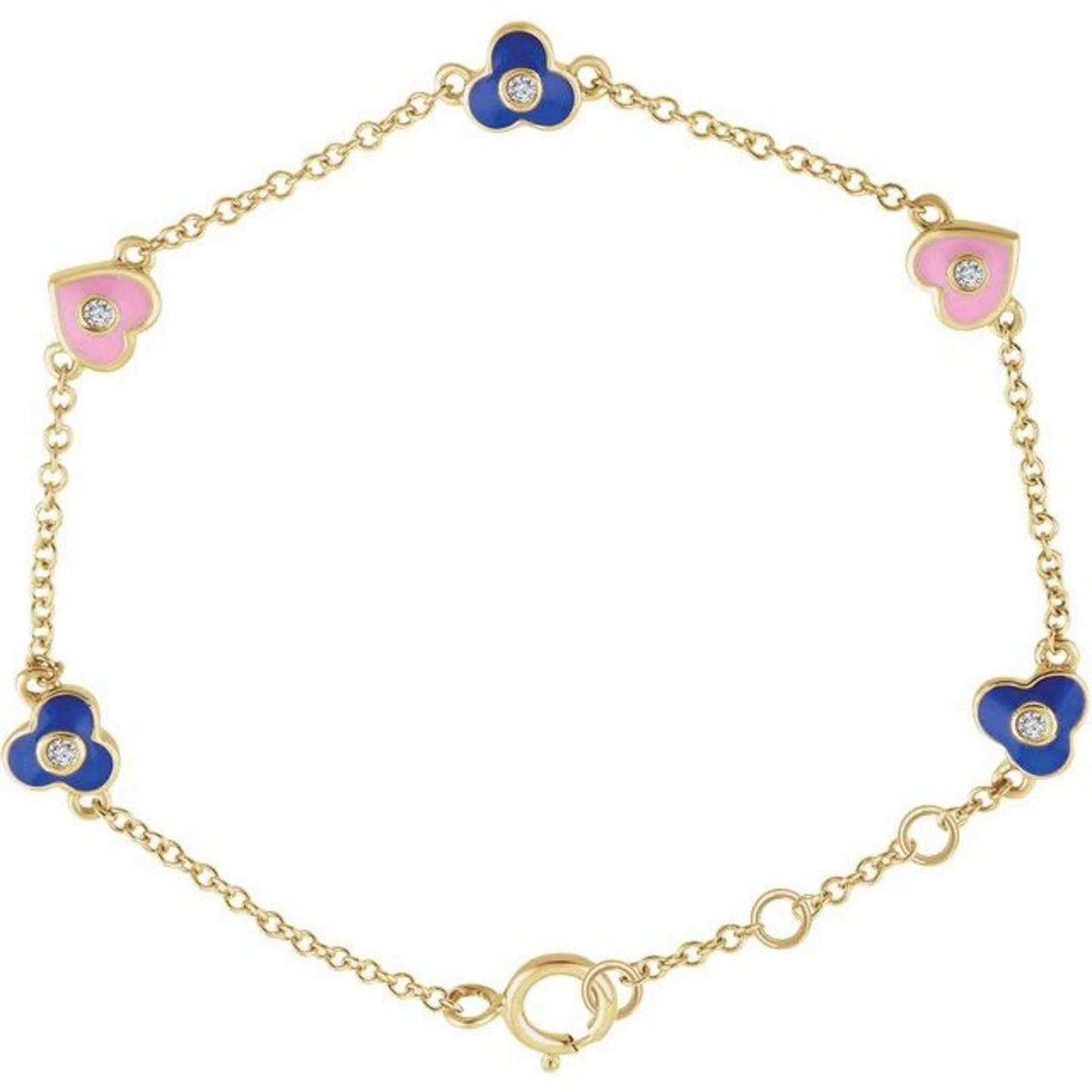 14K Yellow Gold and Diamond Adjustable Flowers and Hearts Bracelet