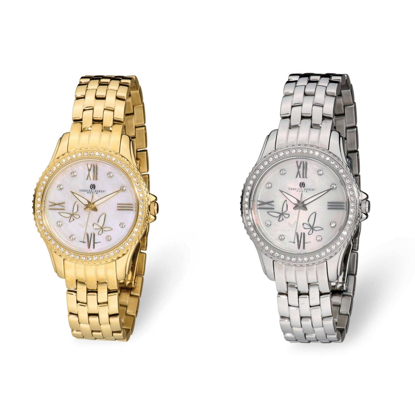 Charles Hubert Stainless Steel Gold / Silver Tone with White Butterfly Dial Watch