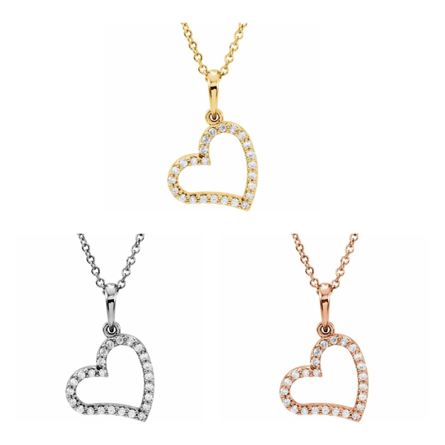 14K Yellow, White, or Rose Gold and Diamond Heart Necklace