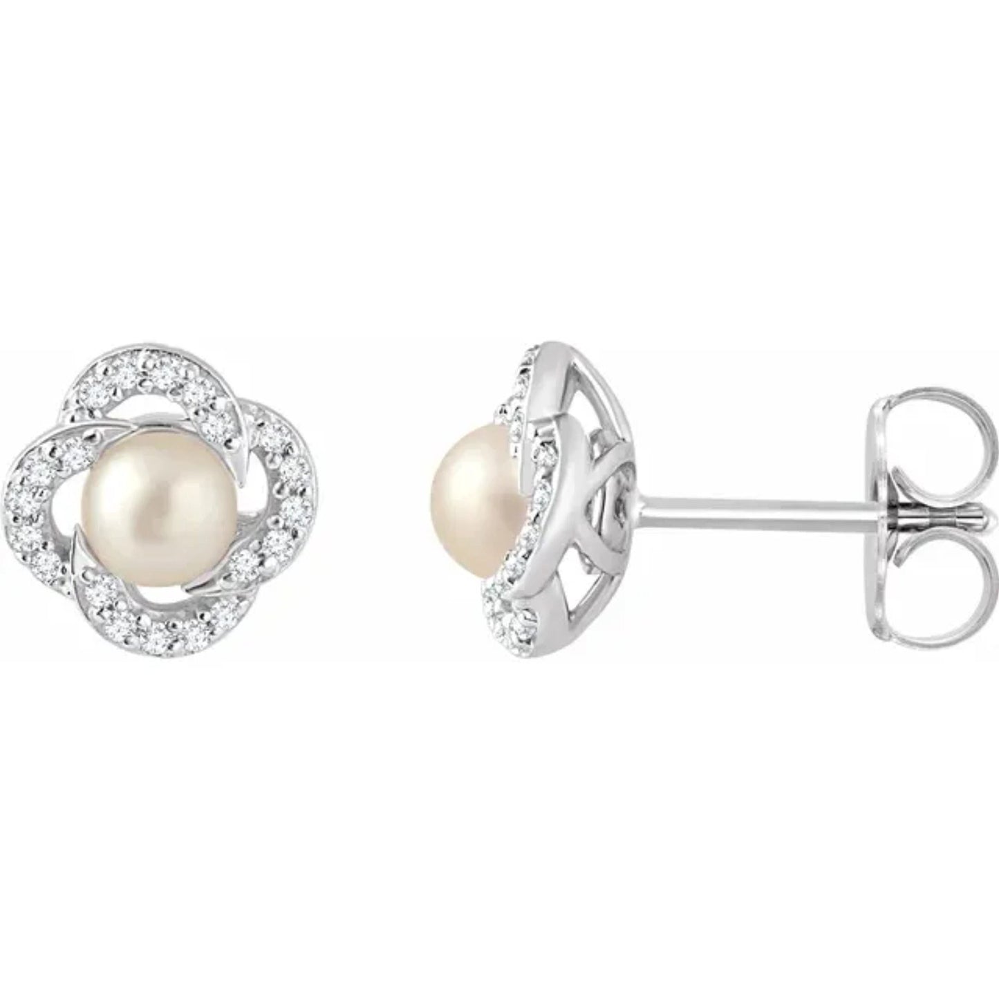 Solid 14K White Gold Freshwater Pearl Diamond Earrings