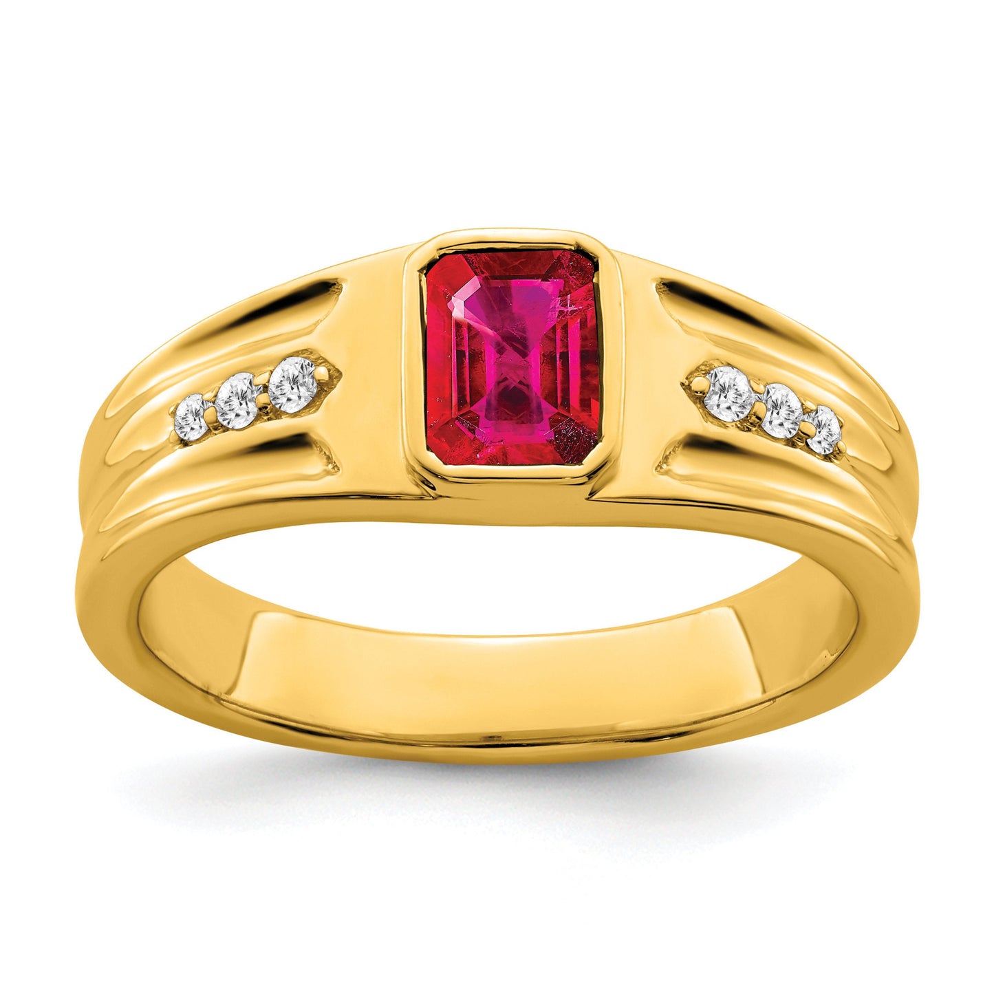 14K Yellow or White Gold and Diamond and Ruby or Created Sapphire Emerald-Cut Ring