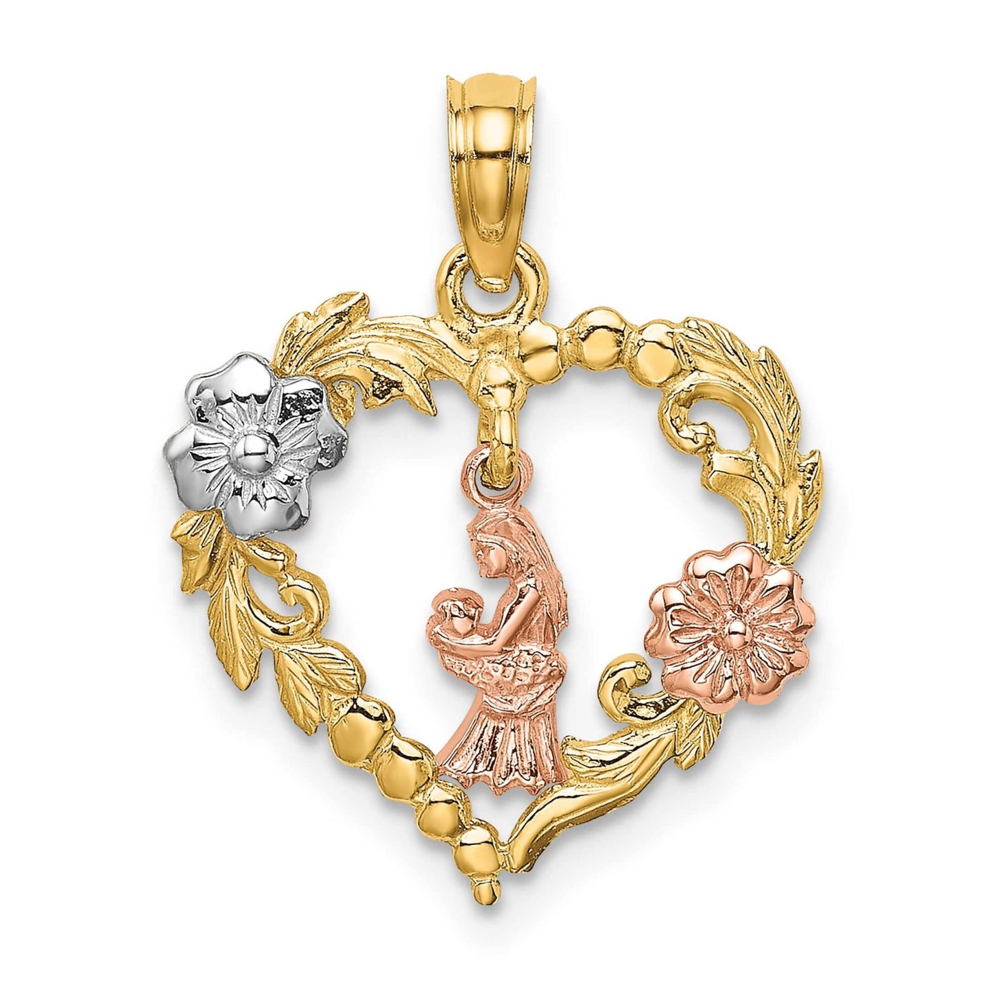 14K Yellow, White, & Rose Gold Motherly Love Floral Heart Charm