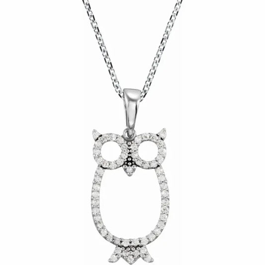 14K White Gold and Diamond Owl Necklace