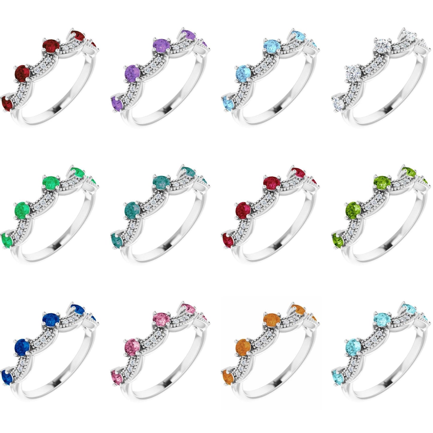 14K Yellow / White / Rose Gold or Platinum Birthstone and Diamond Crown Ring
