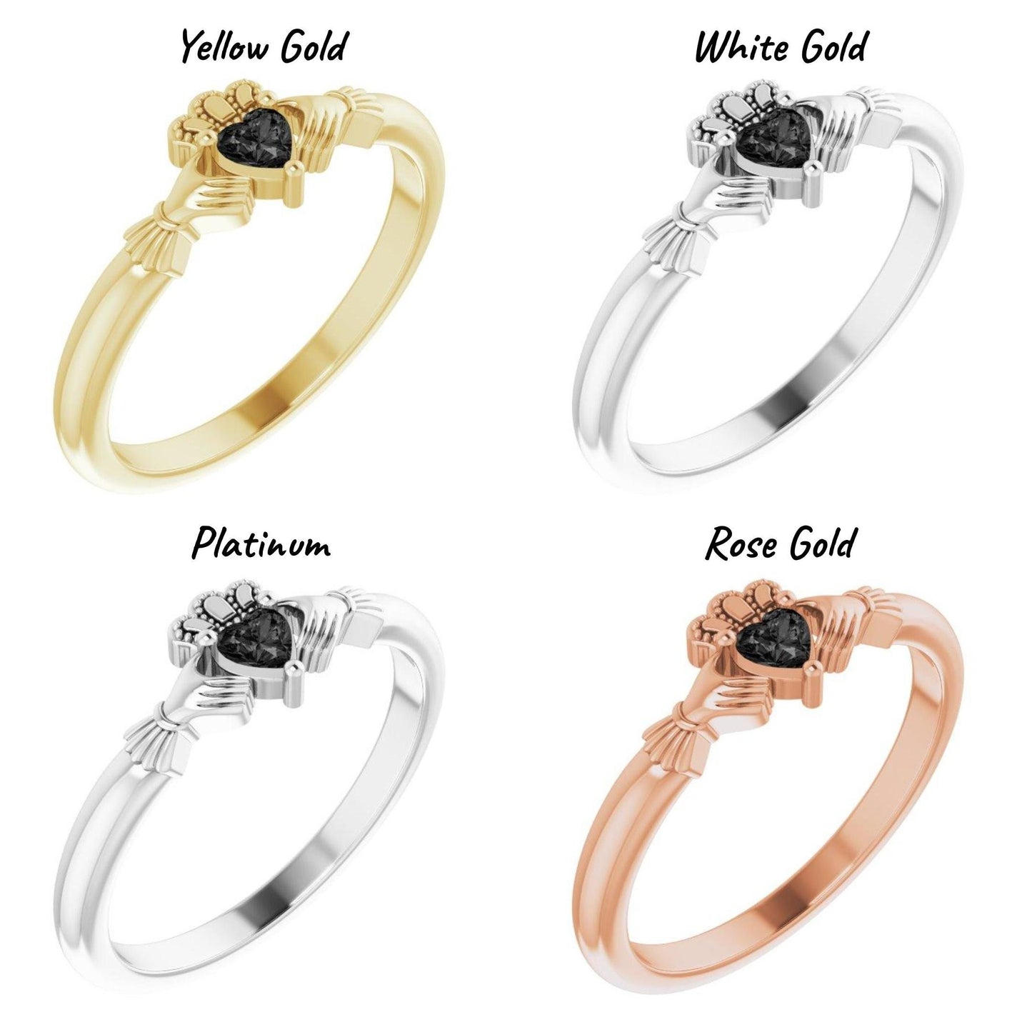 14K Yellow / White / Rose Gold or Platinum Claddagh Ring with Heart Shaped Mozambique Garnet, Onyx, or Created Moissanite Gemstone