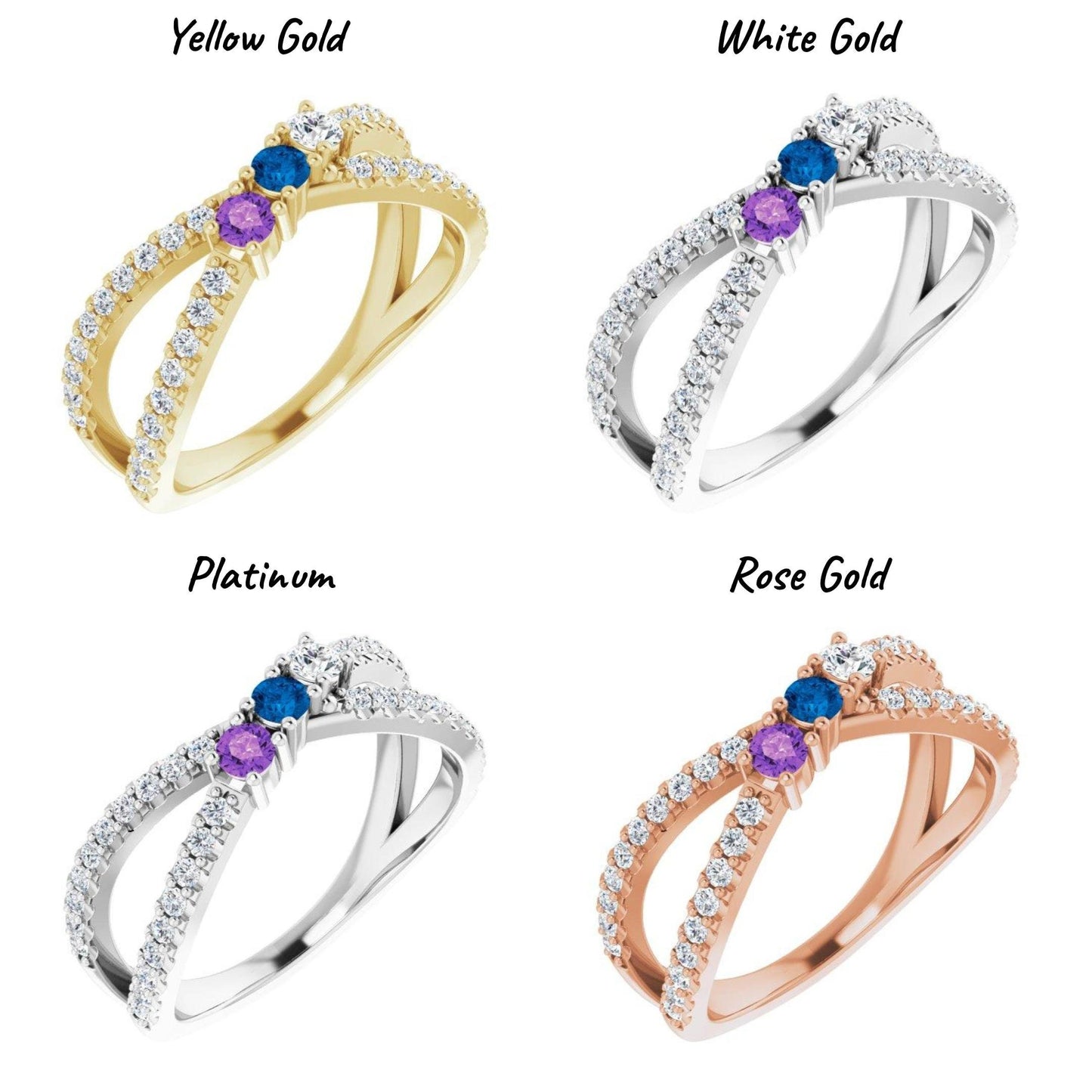 14K Yellow / White / Rose Gold or Platinum 1-5-Stone and Diamond Family Criss-Cross Ring