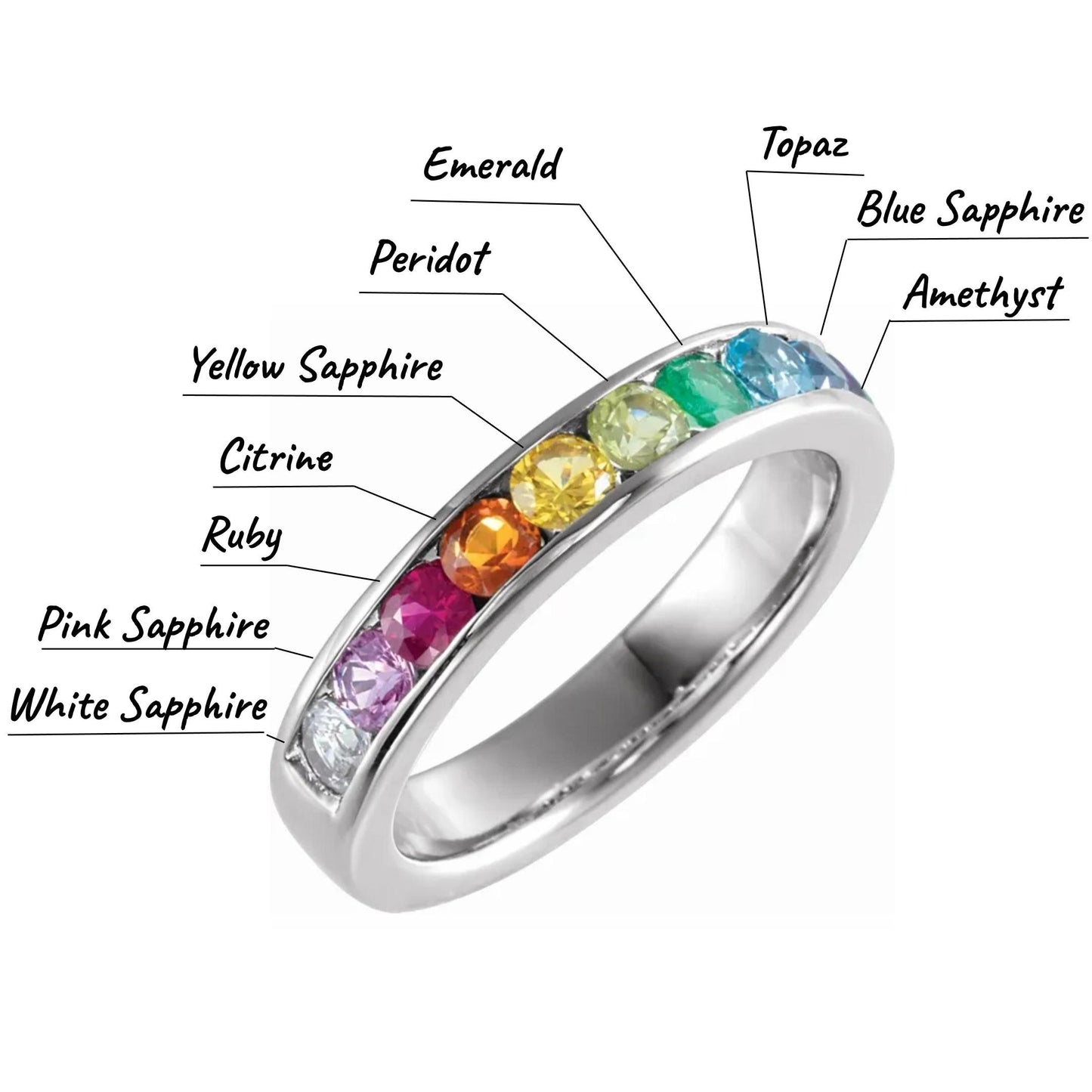 14K White Gold Genuine Multi-Gemstone Rainbow Anniversary Band