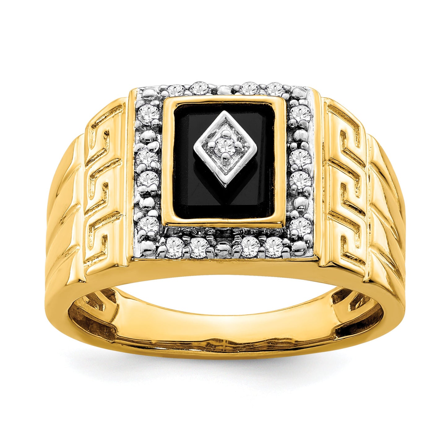 14K Yellow Gold and Diamond Onyx Greek Key Meander Design Ring