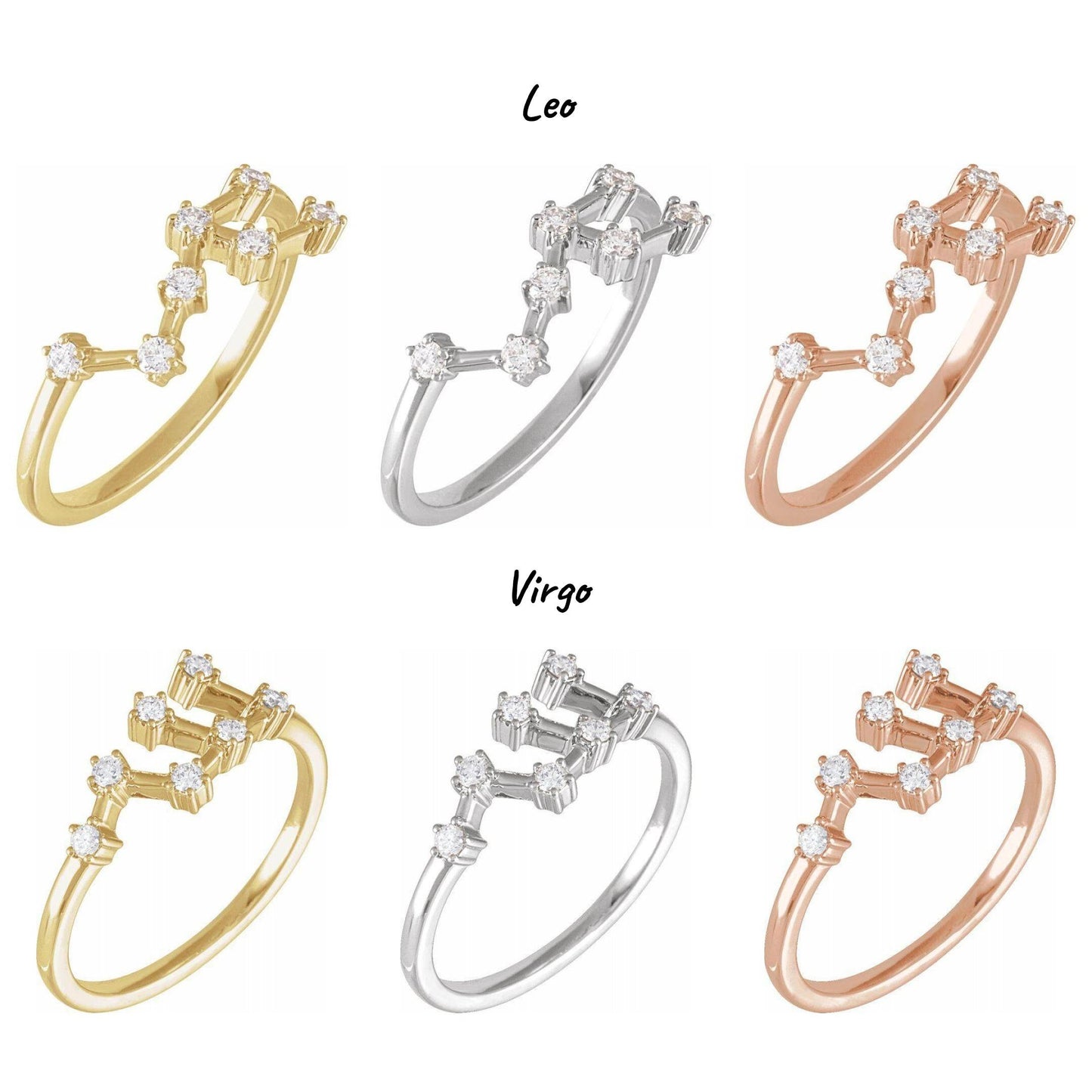 14K Yellow, White, or Rose Gold and Diamond Zodiac Constellation Ring