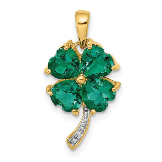 14K Yellow Gold Created Emerald and Diamond Four Leaf Clover Charm