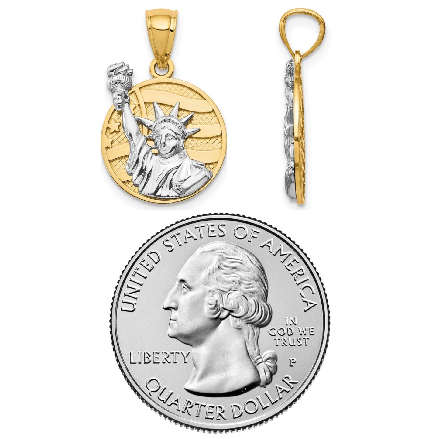14K Yellow & White Gold Lady Liberty on American Flag Pendant