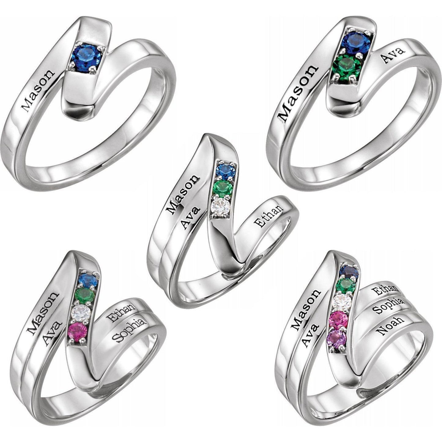 14K Yellow / White / Rose Gold or Platinum 1-5 Stone Engravable Family Ring