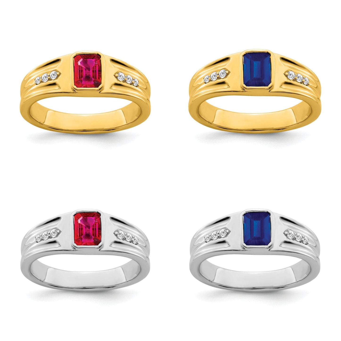 14K Yellow or White Gold and Diamond and Ruby or Created Sapphire Emerald-Cut Ring