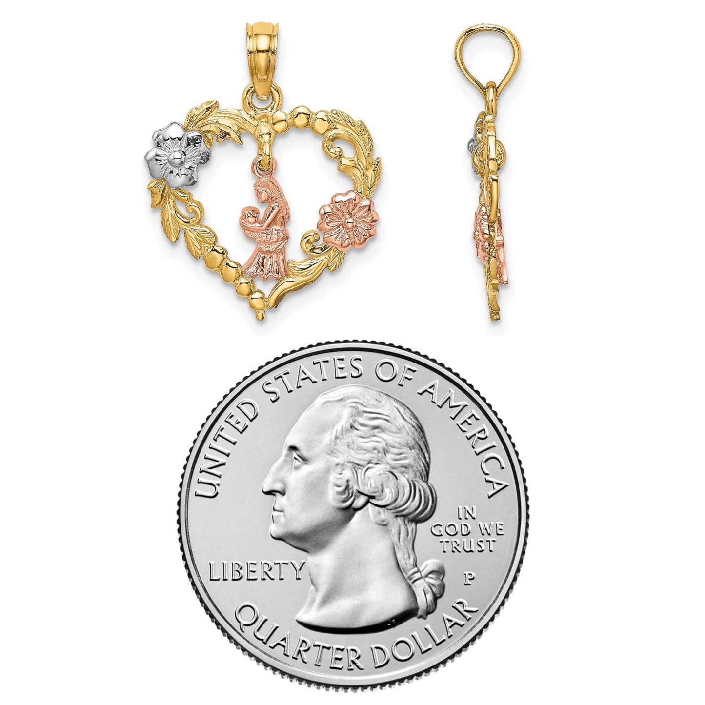 14K Yellow, White, & Rose Gold Motherly Love Floral Heart Charm