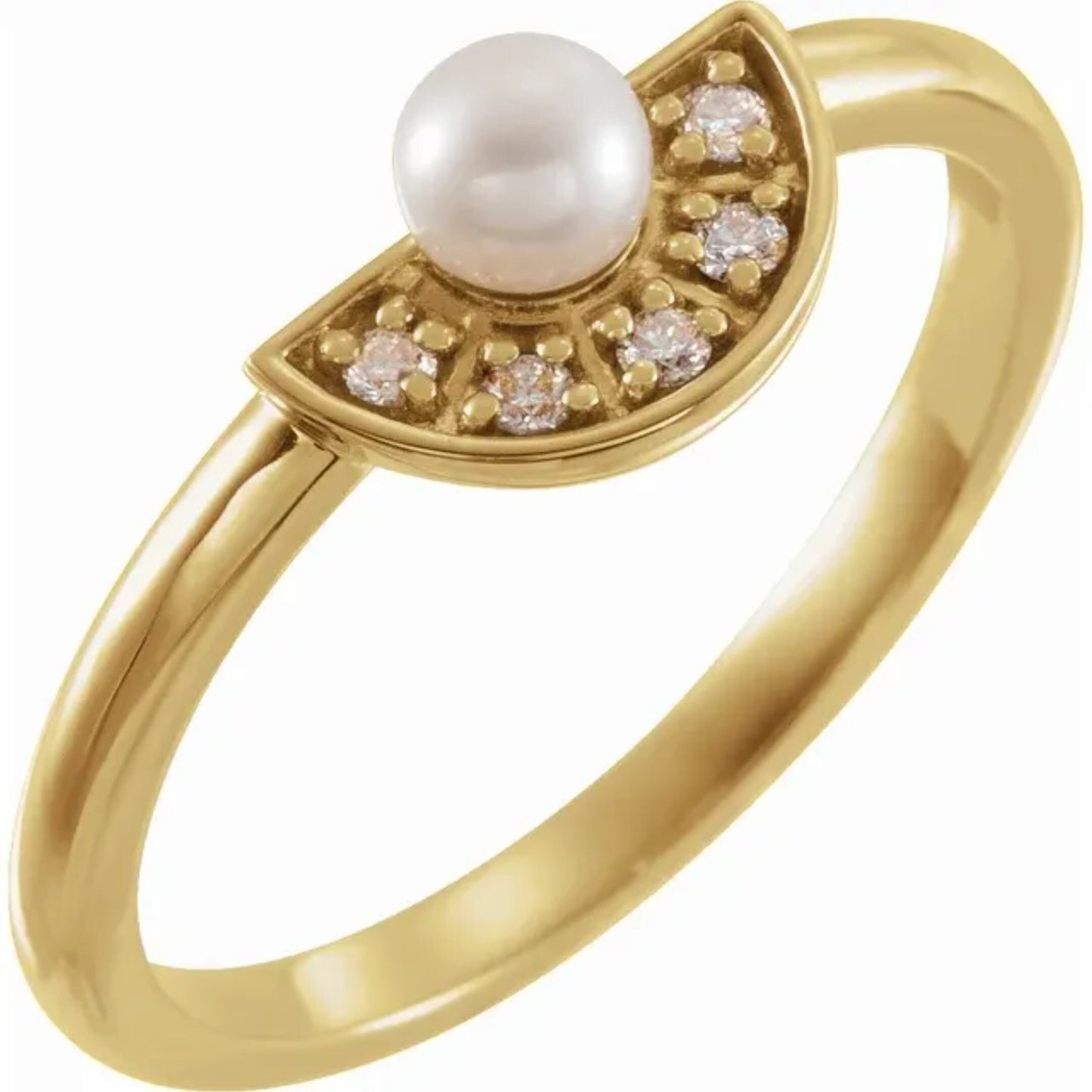14K Yellow / White / Rose Gold or Platinum Akoya Cultured Pearl and Diamond Fan Ring
