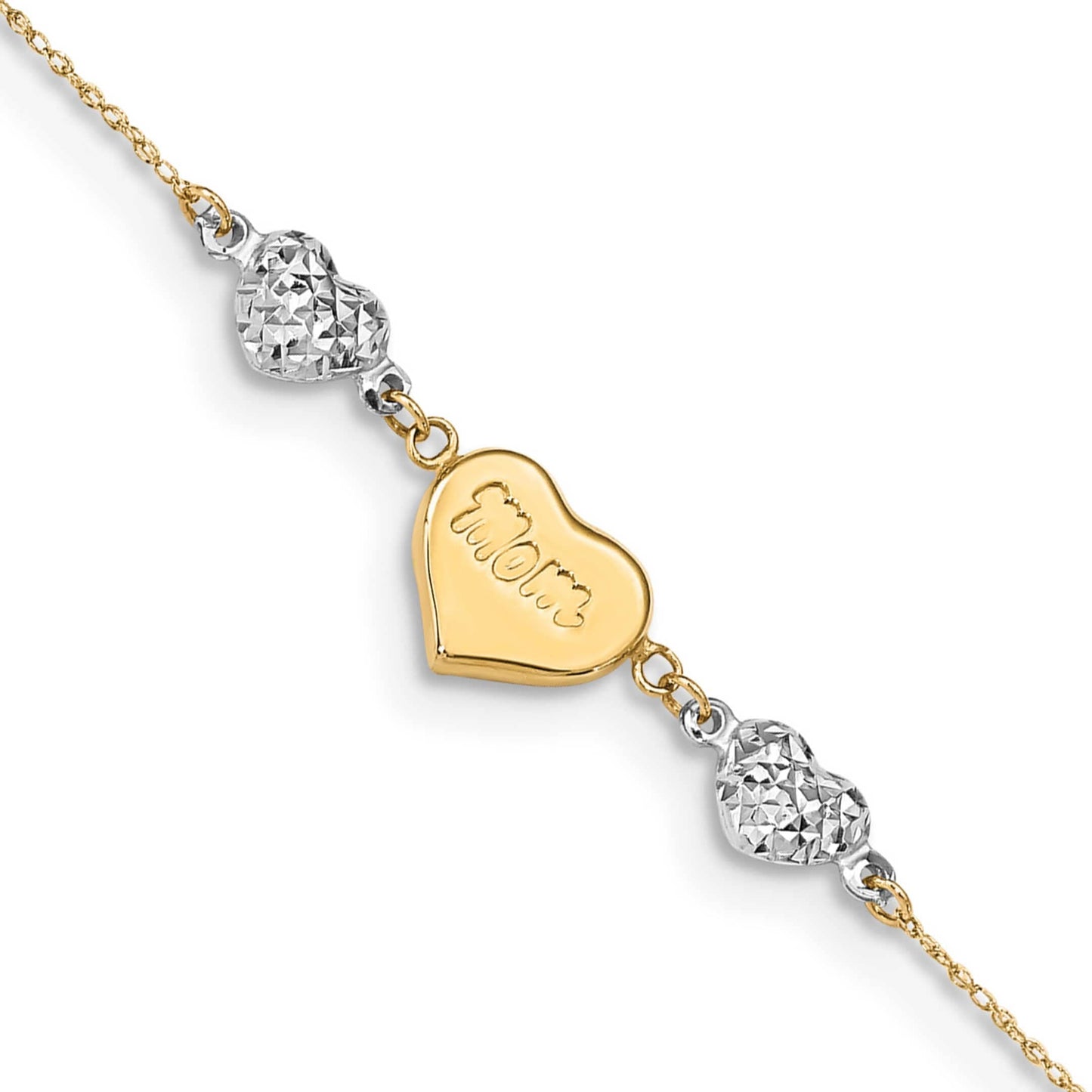 14K Yellow and White Gold Mom and Diamond-Cut Hearts Adjustable Anklet / Bracelet