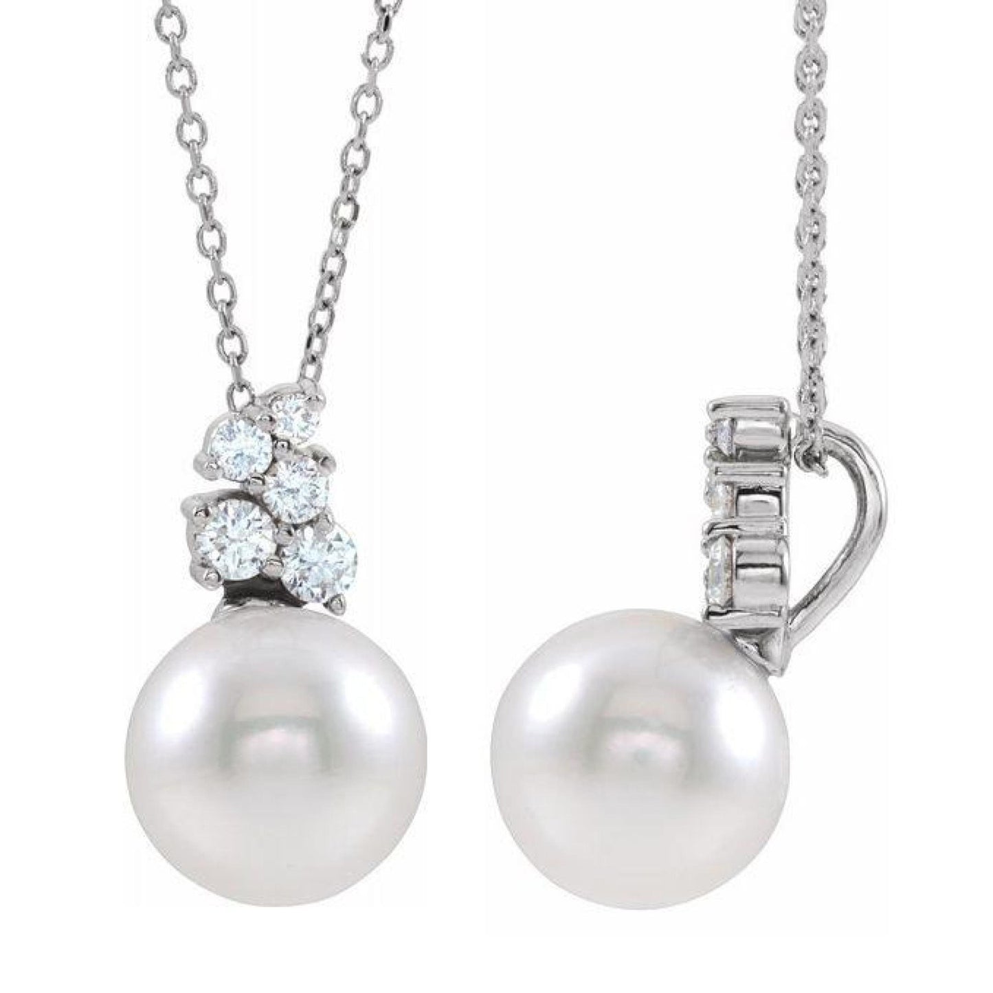 14K Yellow / White / Rose Gold or Platinum Freshwater Cultured Pearl and Diamond Cluster Necklace