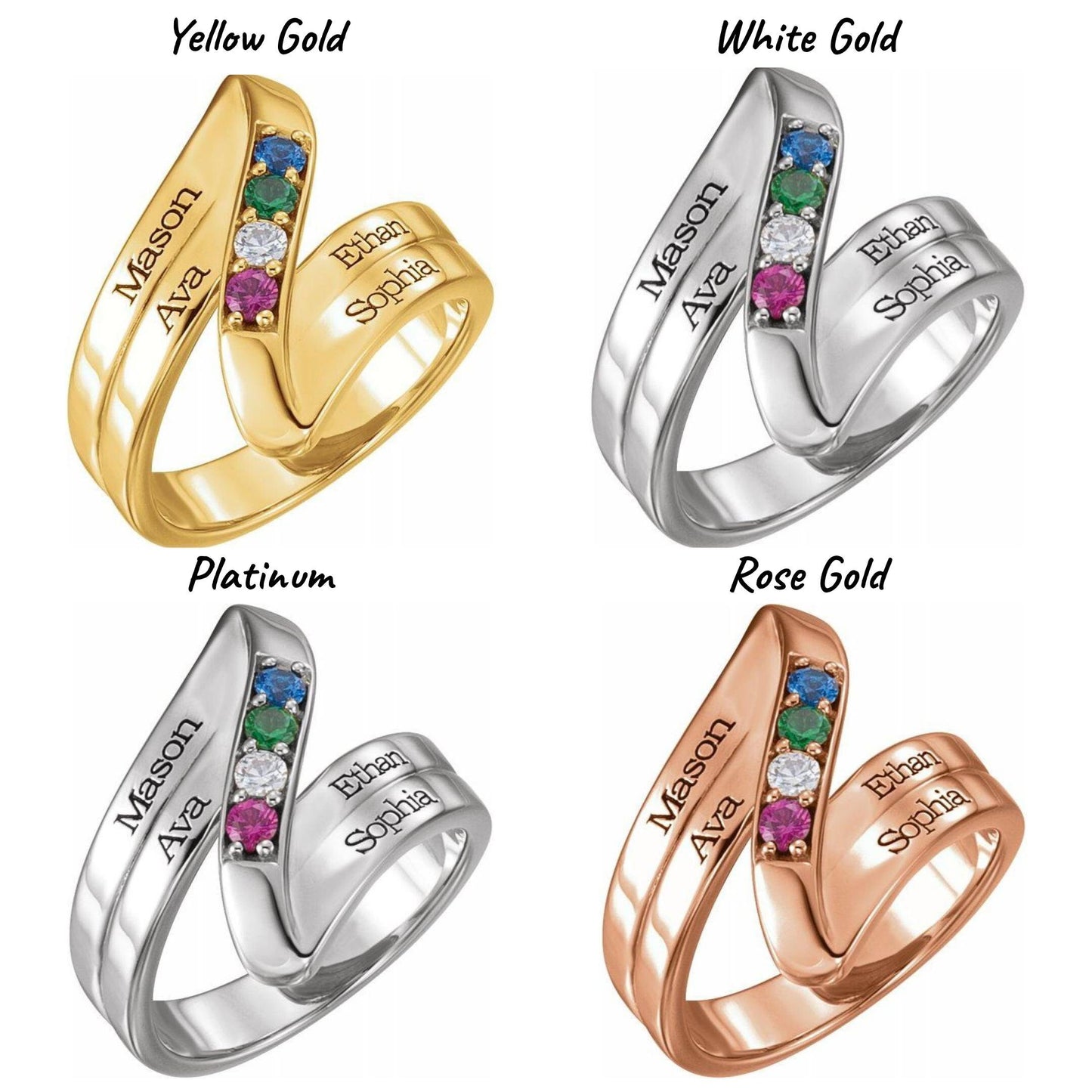 14K Yellow / White / Rose Gold or Platinum 1-5 Stone Engravable Family Ring