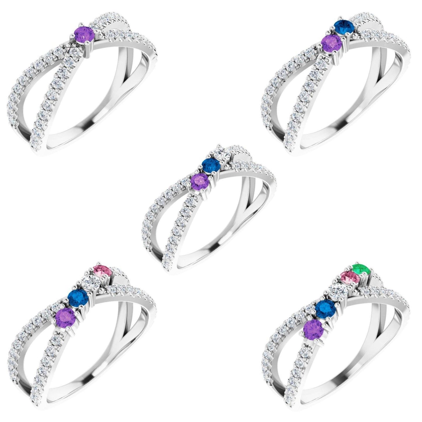14K Yellow / White / Rose Gold or Platinum 1-5-Stone and Diamond Family Criss-Cross Ring