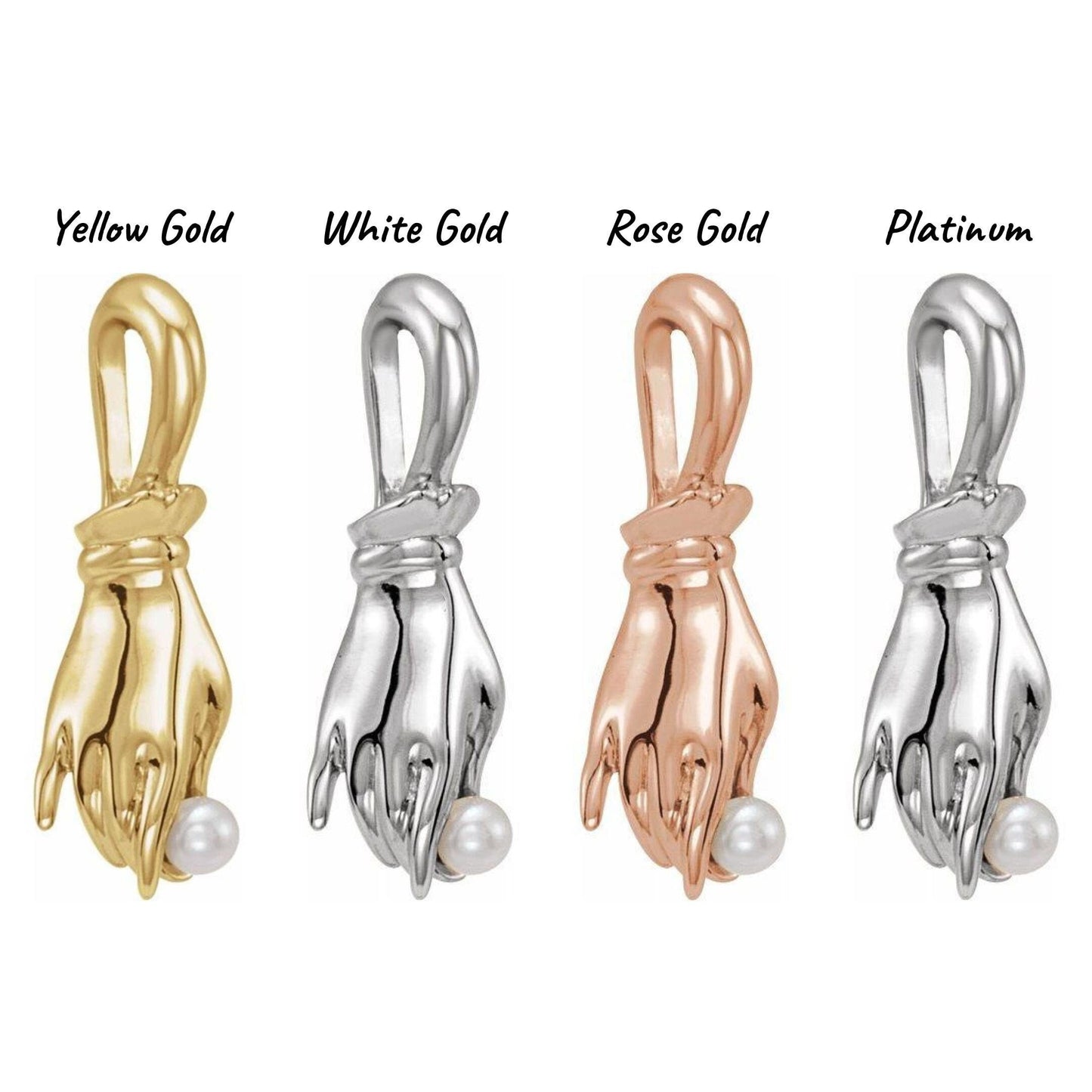 14K Yellow / White / Rose Gold or Platinum White Seed Pearl Buddha Hand Pendant or Necklace