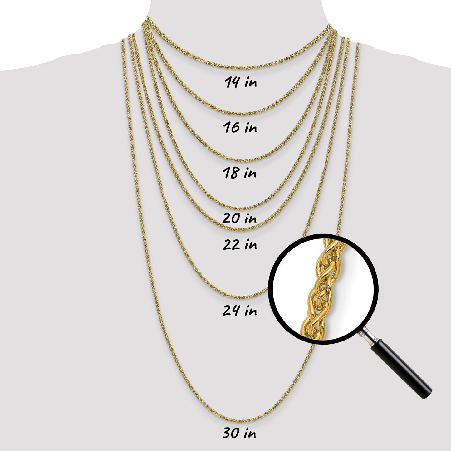 Solid 14K Yellow Gold Spiga Wheat Chain Necklace, 14"-30" Inch, 0.85mm-2.8mm Thick