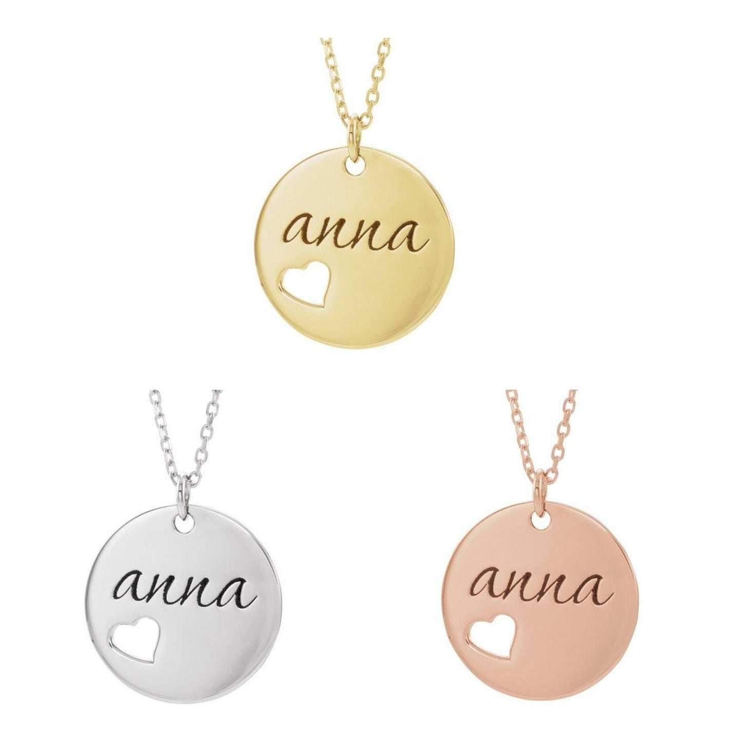 14K Yellow, White, or Rose Gold Pierced Heart Engravable Disc Pendant or Necklace