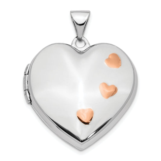 14K White and Rose Gold Engravable Heart Shape Locket with Cute Pink Hearts Design