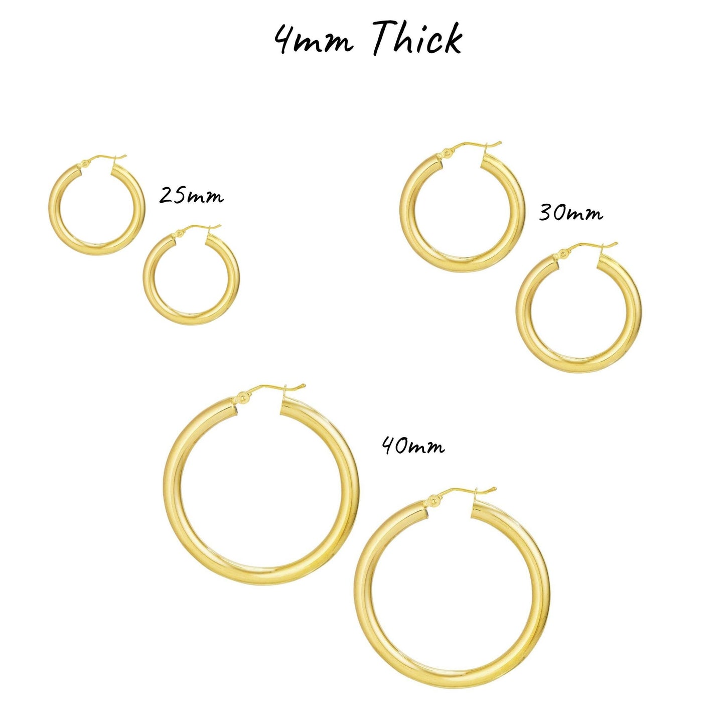 14K Yellow Gold Polished Hoop Earrings, 2mm-4mm Thick, 15mm-55mm Diameter