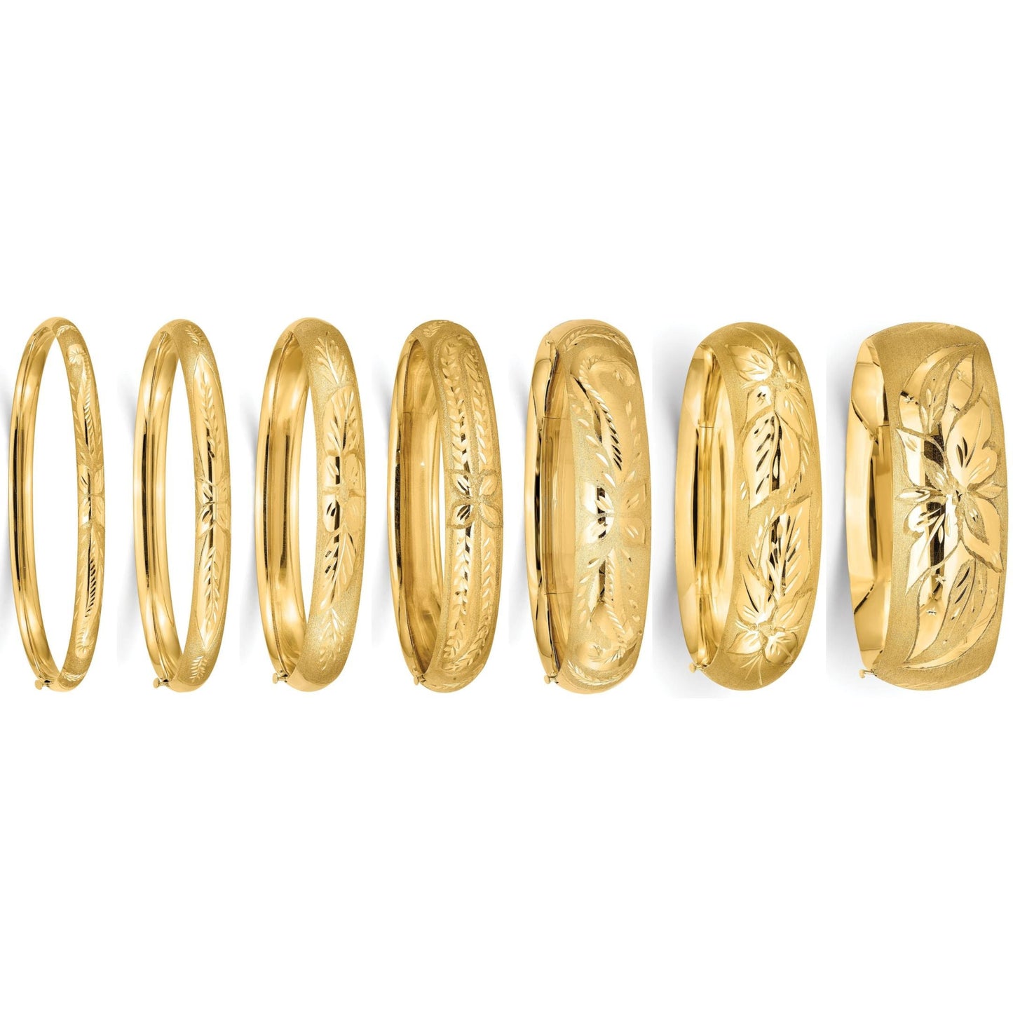 14K Yellow Gold Floral Textured Hinged Bangle Bracelets