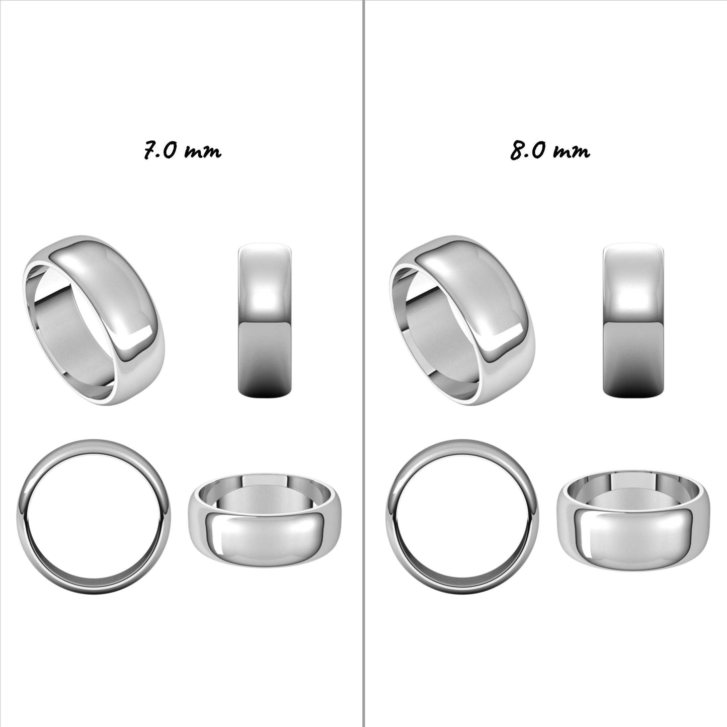 Solid Platinum Standard Weight & Standard Fit Half-Round Wedding Band, 1.0mm-12.0mm Widths